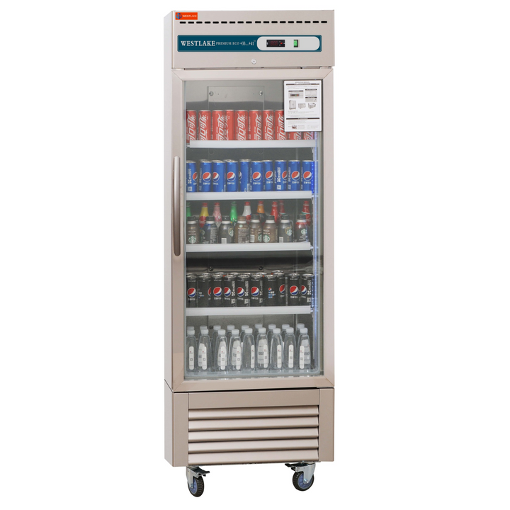 Beverage cooler single door with drinks front angle