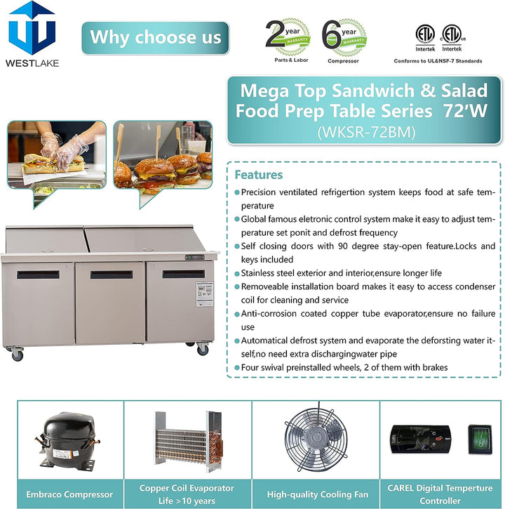 Why choose westlake mega top sandwich salad food prep table WKSR-72BM features