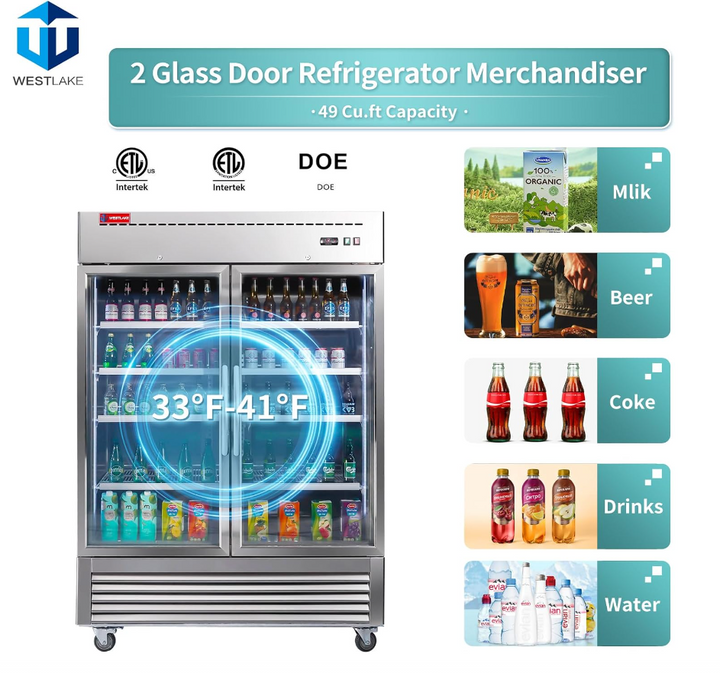 2 glass door refrigerator merchandiser 49 cu ft for milk beer coke drinks water