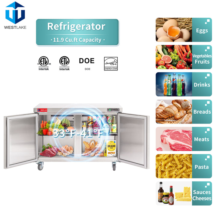 Commercial Refrigerator Worktop Undercounter Refrigerator WKTR-48B 11.9 cu ft capacity DOE energy star store eggs vegetables fruits drinks breads meats pasta sauces