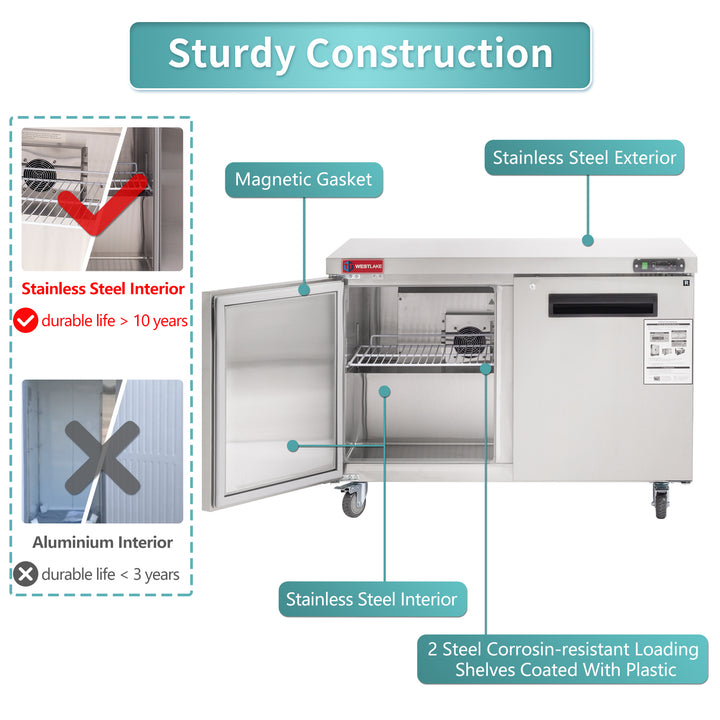 Commercial Refrigerator Worktop Undercounter Refrigerator WKTR-48B sturdy construction stainless steel