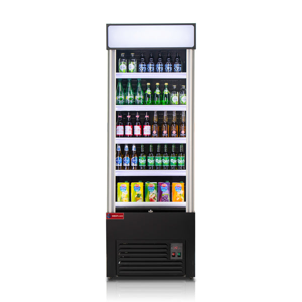 beverage cooler 1 door open air black with drinks juices soda