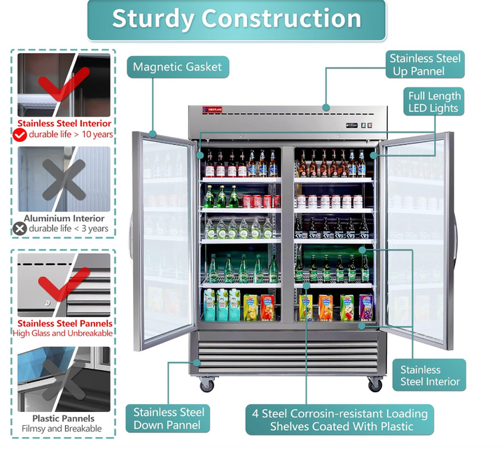 sturdy construction glass door fridge two door stainless steel interior pannels led lights