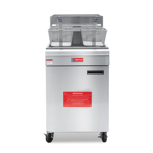 commercial deep fryer gas propane WESTLAKE GF-150 front look with logo two baskets lifted