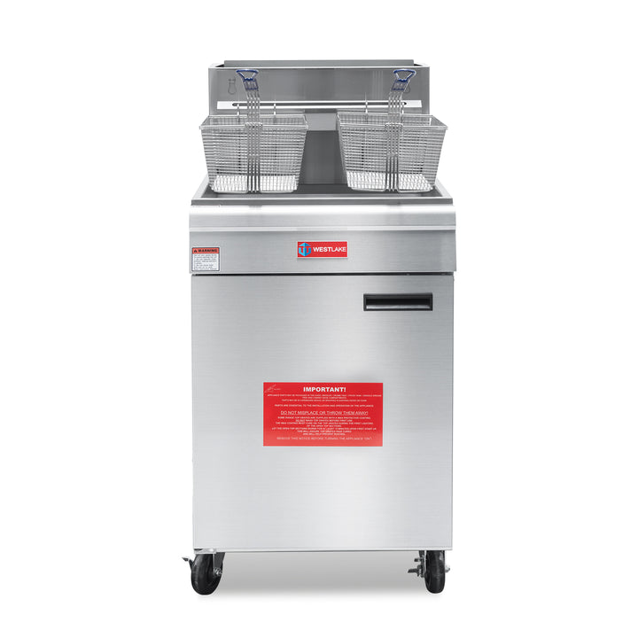 commercial deep fryer gas propane WESTLAKE GF-150 front look with logo two baskets lifted