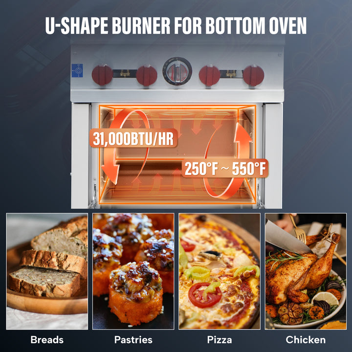 commercial gas cooking range with bottom oven for breads pastries pizza chicken 