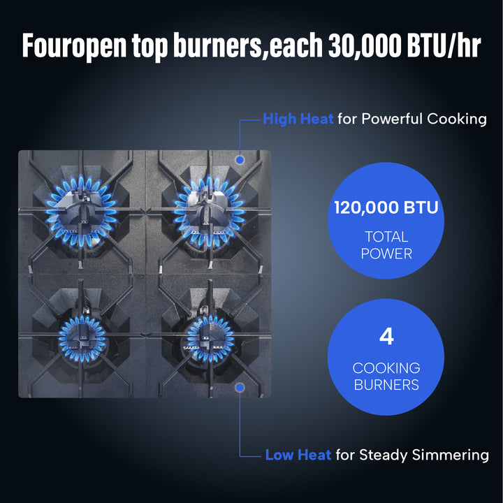 commercial gas cooking range 120000 BTU 4 cooking burners for powerful cooking and steady simmering