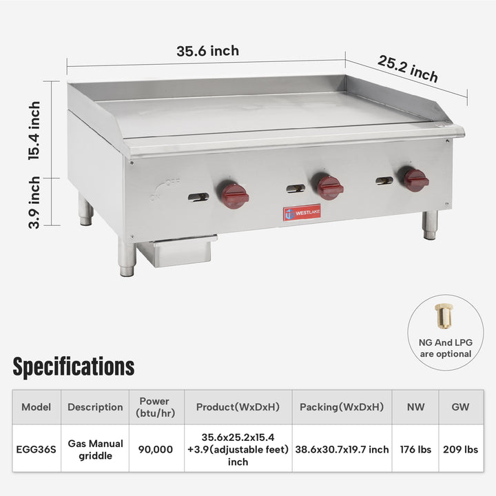 commercial griddle 3 burner 36 inch width