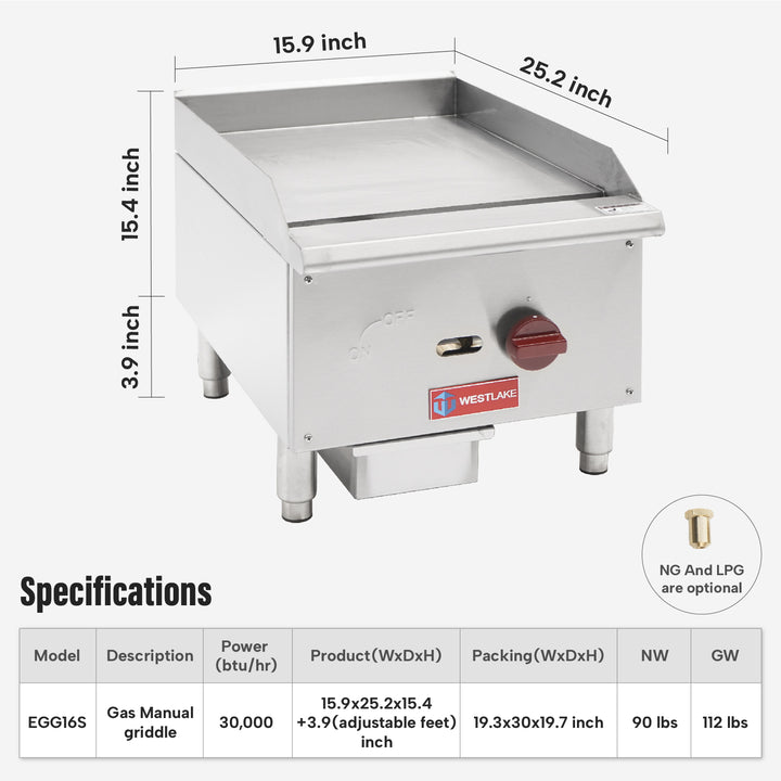 commercial griddle westlake EGG-16S specification 16 inch width