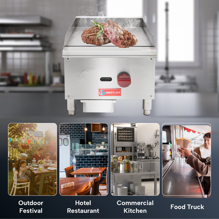 commercial grill flat top Westlake uses in outdoor, hotel, restaurant, commercial kitchen, food truck indoor and outdoor.