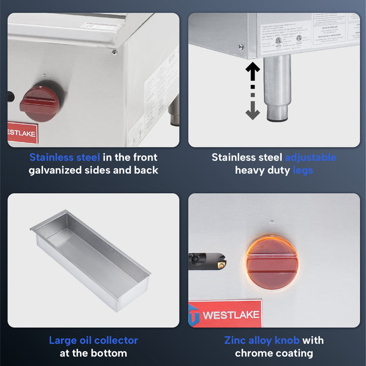 commercial grill flat top stainless steel front and back legs oil collector and zinc alloy knob