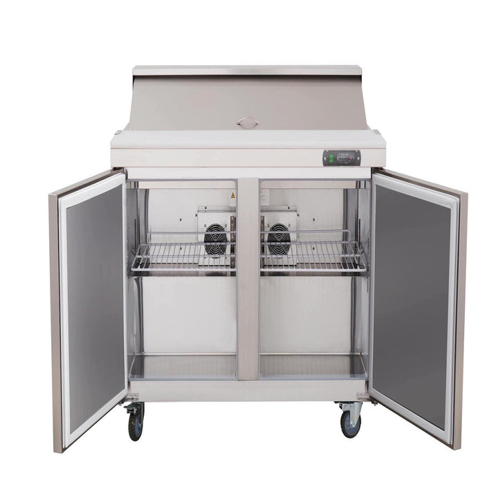 Refrigerated prep tables with refrigerator doors open