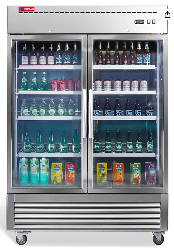 westlake glass 2 door fridge with beverages beers sodas juice inside doors