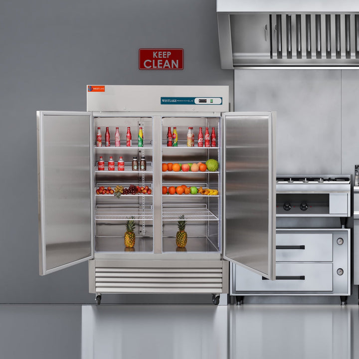 Refrigerator without freezer doors open showing inside