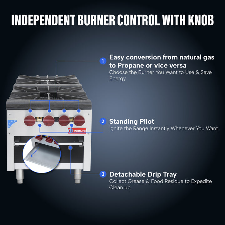 stock pot burner details westlake SP-1M conversion from natural gas to propane, standing pilot and detachable drip tray