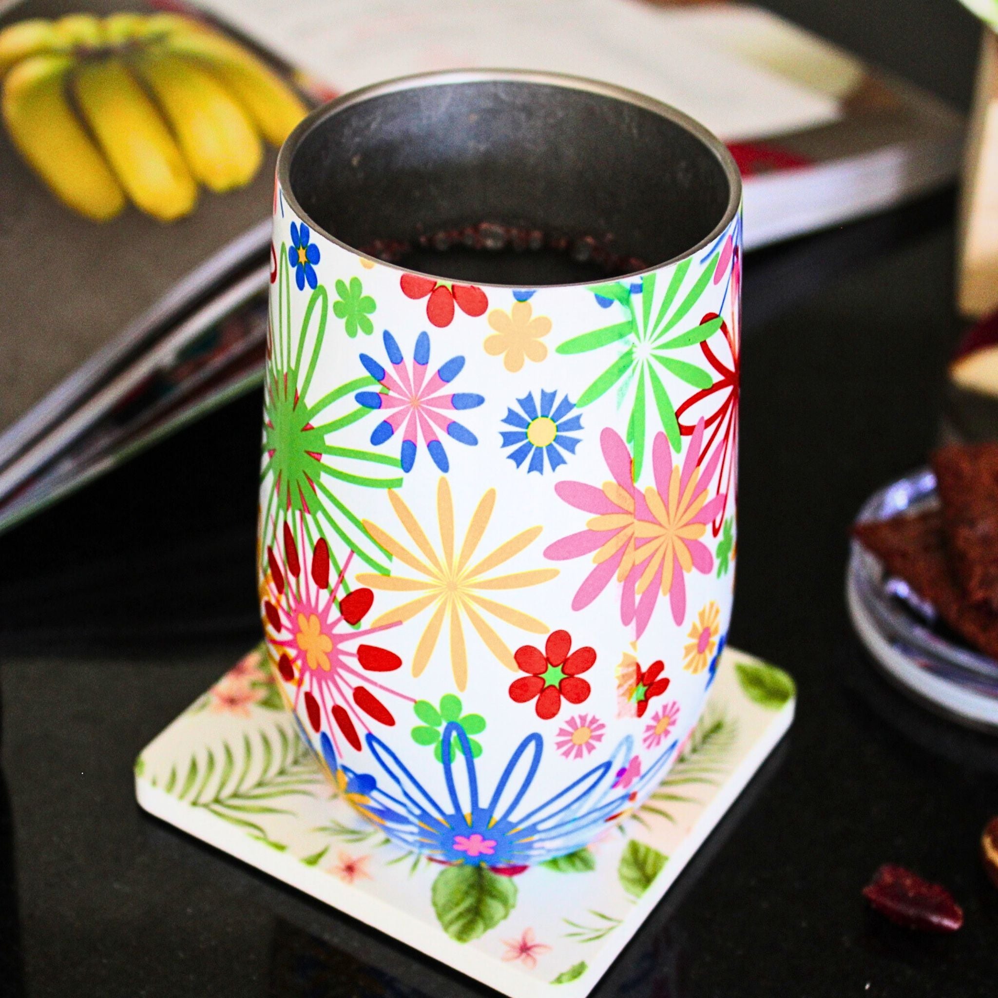(Flora)12 oz Stainless Steel Wine Tumbler with Lid