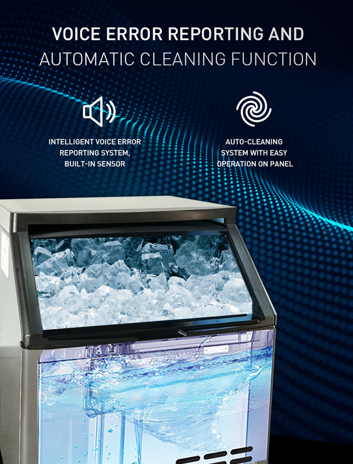 Ice Cube Maker voice error reporting and auto-cleaning system